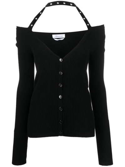 Shop Blumarine Halterneck Ribbed-knit Cardigan In Black