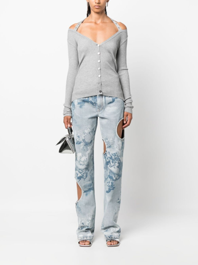 Blumarine Halterneck Ribbed-knit Cardigan In Grey