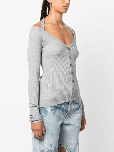 Shop Blumarine Halterneck Ribbed-knit Cardigan In Grey