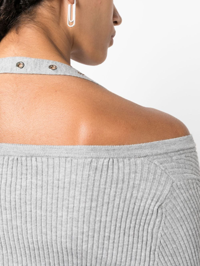 Blumarine Halterneck Ribbed-knit Cardigan In Grey