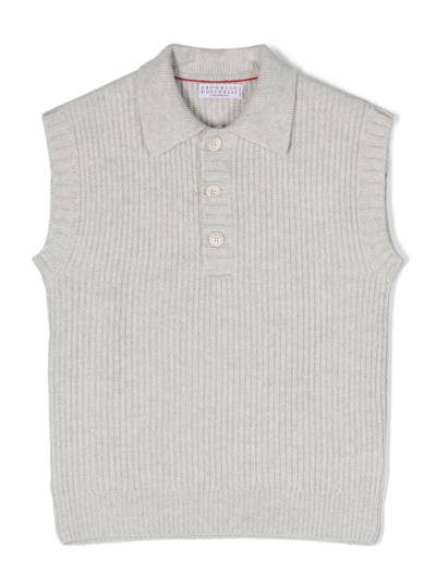 Shop Brunello Cucinelli Ribbed-knit Cashmere Polo Vest In Grey