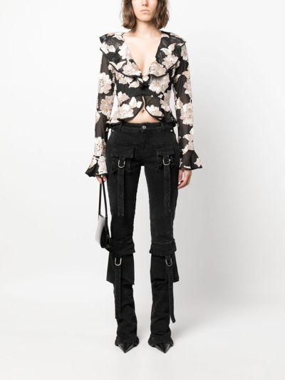 Shop Rotate Birger Christensen Floral-appliqué Crepe Ruffled Blouse In Black