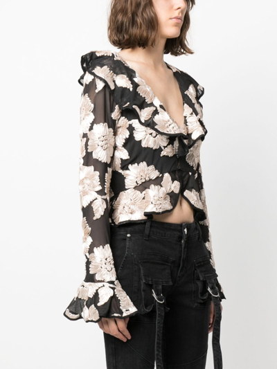 Shop Rotate Birger Christensen Floral-appliqué Crepe Ruffled Blouse In Black