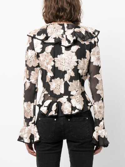 Shop Rotate Birger Christensen Floral-appliqué Crepe Ruffled Blouse In Black