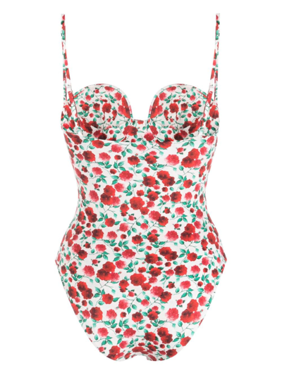 Shop Magda Butrym Retro Rose-print Swimsuit In Nude
