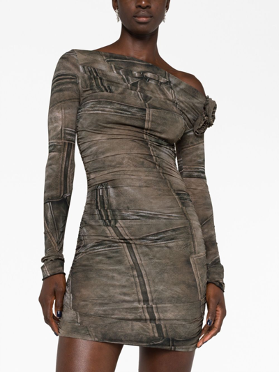 Blumarine Mini Dark Beige Dress With All-over Denim Print In Stretch Fabric Woman In Brown