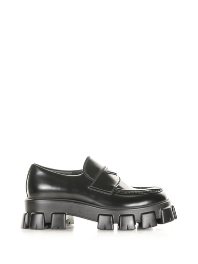 Shop Prada Monolith Loafers In Brushed Leather In Nero