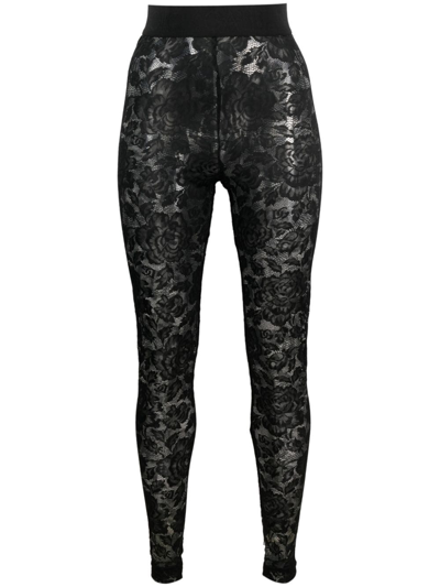 Shop Dolce & Gabbana Floral-lace Logo-waistband Leggings In Black