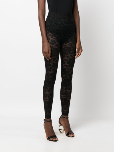 Shop Dolce & Gabbana Floral-lace Logo-waistband Leggings In Black