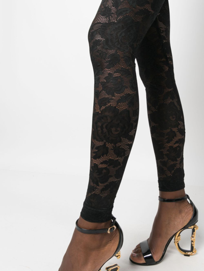 Shop Dolce & Gabbana Floral-lace Logo-waistband Leggings In Black