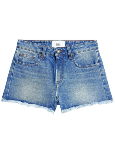 Shop Ami Alexandre Mattiussi Frayed Denim Mini Shorts In Blue
