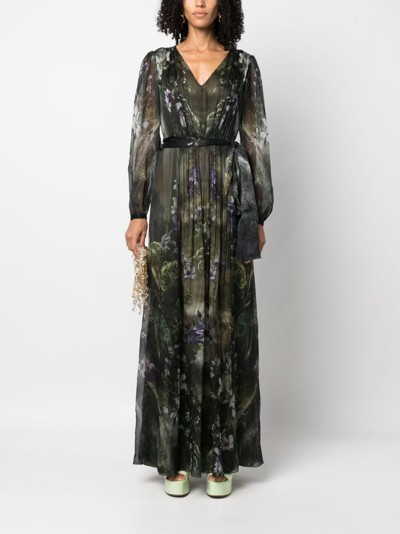 Alberta Ferretti Winter Garden-print Silk Maxi Dress In Green