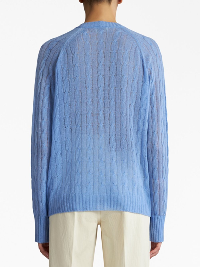 Shop Etro Pegaso-motif Cable-knit Cardigan In Blue