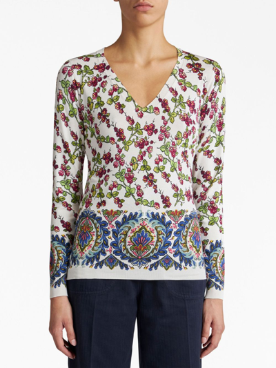 Shop Etro Berry-print V-neck Knitted Top In White