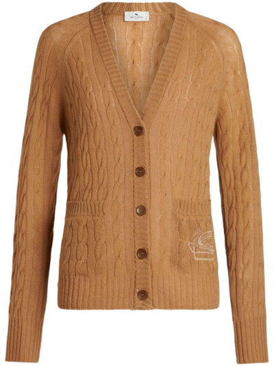 Shop Etro Pegaso-motif Cable-knit Cardigan In Brown