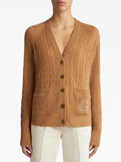Shop Etro Pegaso-motif Cable-knit Cardigan In Brown