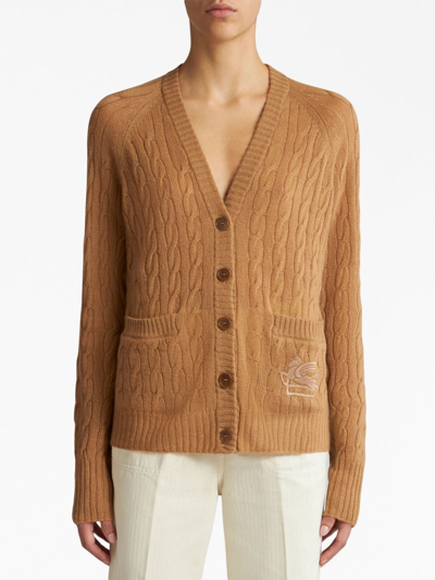 Etro Cable Knit V-neck Cardigan Pockets In Orange