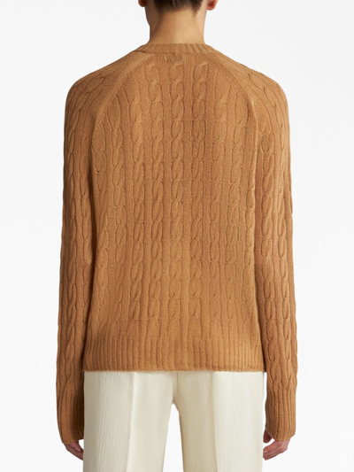 Shop Etro Pegaso-motif Cable-knit Cardigan In Brown