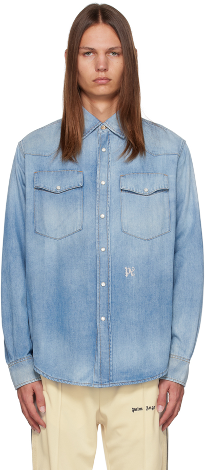 Shop Palm Angels Blue Monogram Denim Shirt In Light Blue Off