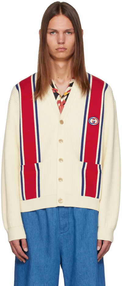 Shop Gucci Off-white Interlocking G Cardigan In 9189 Ivory/blue/red