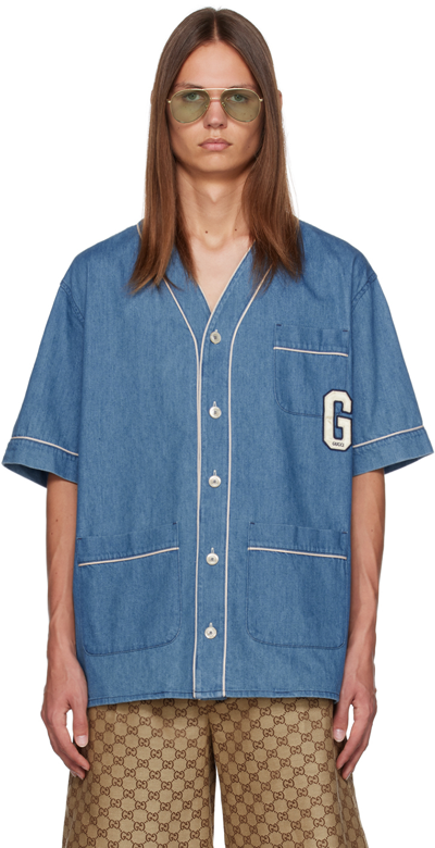 Shop Gucci Blue Patch Denim Shirt In 4172 Bright Blue/mix