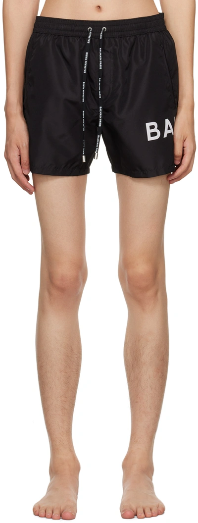 Shop Balmain Black Printed Swim Shorts In 010 - Black/white