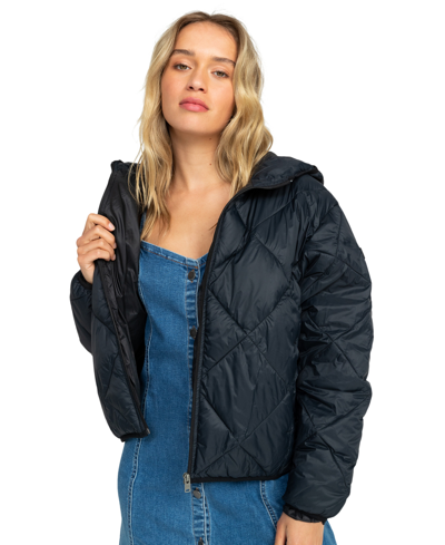 Shop Roxy Juniors' Wind Swept Packable Hooded Puffer Coat In Anthracite