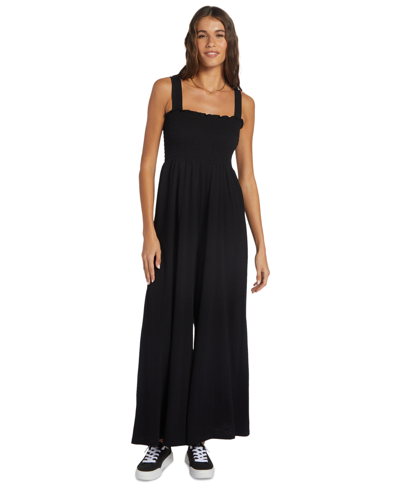 Shop Roxy Juniors' Just Passing By Smocked-top Wide-leg Jumpsuit In Anthracite