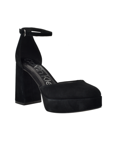 Shop Calvin Klein Women's Sabin Block Heel Platform Dress Pumps In Black Suede