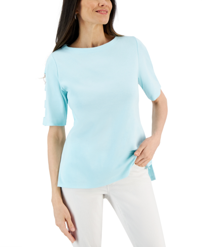Shop Karen Scott Cotton Cutout-sleeve Top, Created For Macy's In Blue Light