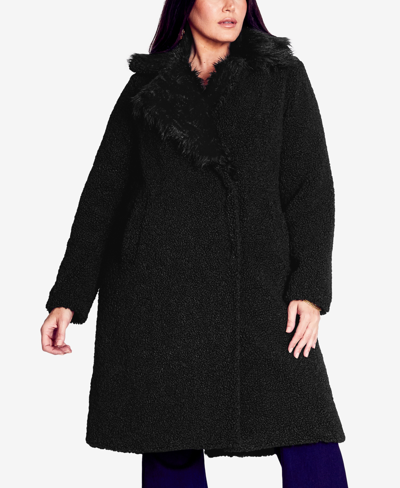 Shop Avenue Plus Size Teddy Faux Fur Jacket In Black