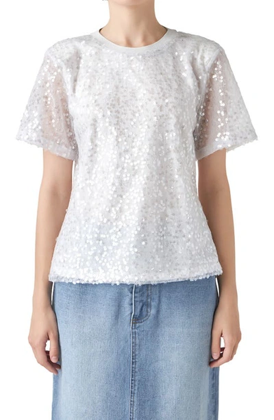 Grey Lab Sequin Padded Shoulder Back Cutout Top In White