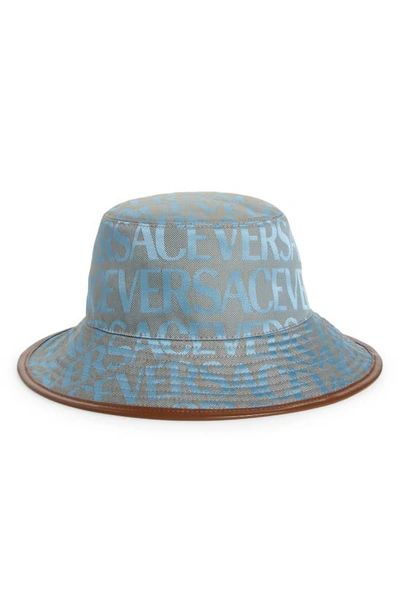 Shop Versace Other Logo Cotton Blend Canvas Bucket Hat In Beige Light Blue