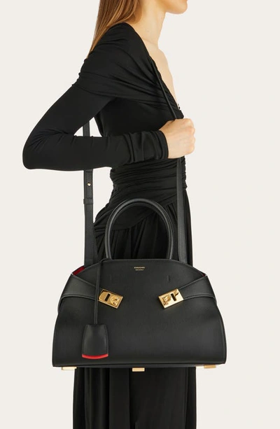 Shop Ferragamo Hug Small Leather Top-handle Bag In Nero