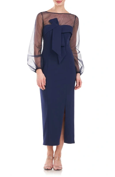 Shop Js Collections Maia Bow Long Sleeve Sheath Dress In Navy