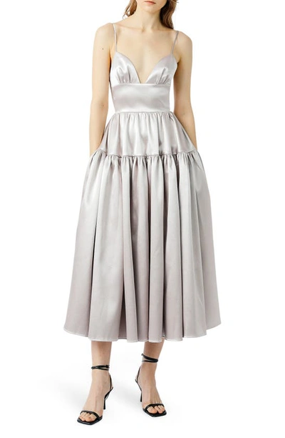 Shop Sau Lee Adrienne Satin A-line Gown In Silver