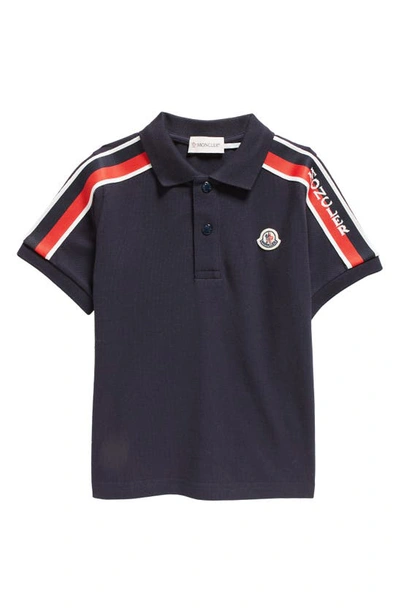 Shop Moncler Kids' Logo Stripe Cotton Piqué Polo In Navy