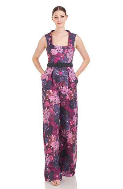 Shop Kay Unger Vivica Floral Belted Wide Leg Jumpsuit In Boysenberry Multi