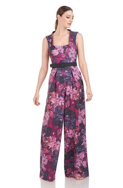 Shop Kay Unger Vivica Floral Belted Wide Leg Jumpsuit In Boysenberry Multi