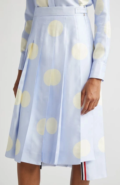 Shop Thom Browne Polka Dot Pleated Silk Skirt In Light Blue