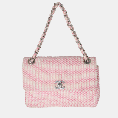 Pre-owned Chanel Pink Woven Raffia Small Cc Shoulder Flap Bag