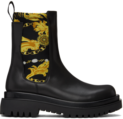 Shop Versace Jeans Couture Black Printed Chelsea Boots In Eg89 Black + Gold
