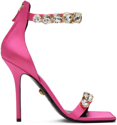 Shop Versace Pink Crystal Heeled Sandals In 1po2v Flamingo/ Gold