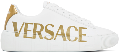 Shop Versace White & Gold Logo 'la Greca' Sneakers In 2w110 White/gold