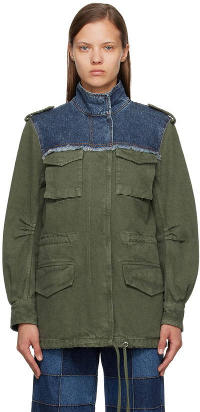 Shop Chloé Khaki & Blue Utilitarian Denim Jacket In 99v Blue - Green 1