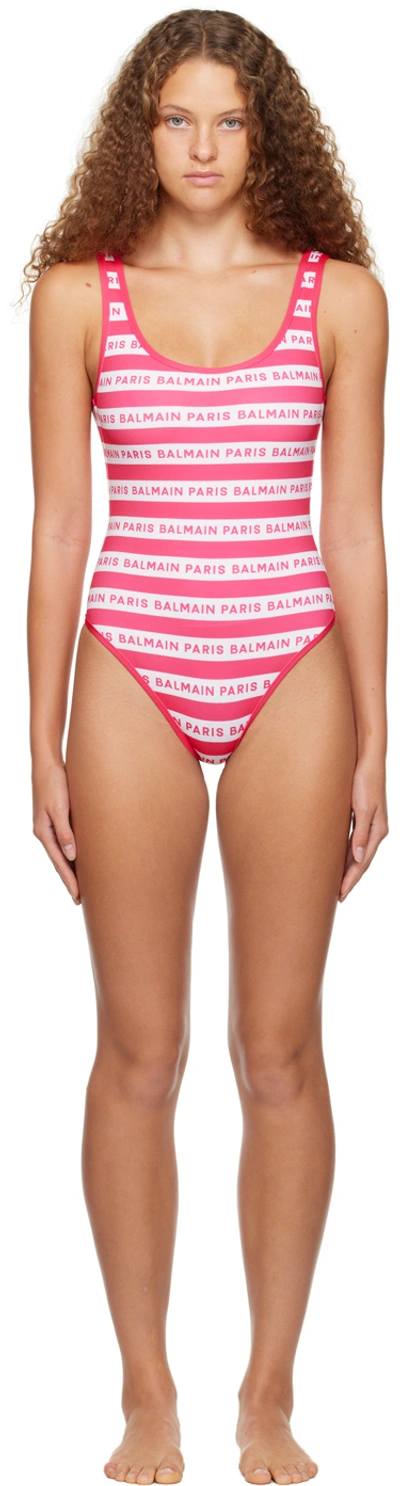 Shop Balmain Pink & White Striped Swimsuit In 668 - Pink/white