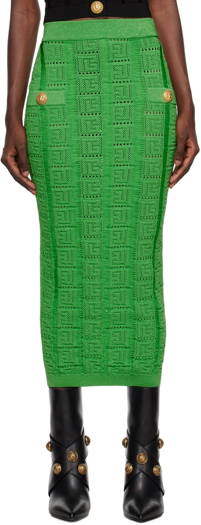 Shop Balmain Green Monogram Midi Skirt In 7ff Vert