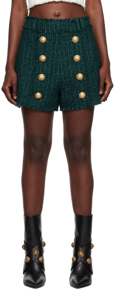 Shop Balmain Green Fringed Shorts In 7cx Vert Foncã‰