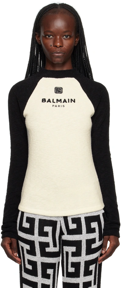 Shop Balmain Black & White Raglan Long Sleeve T-shirt In Gab Blanc/noir