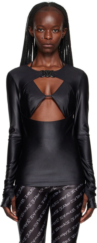 Shop Versace Jeans Couture Black V-emblem Long Sleeve T-shirt In E899 Black